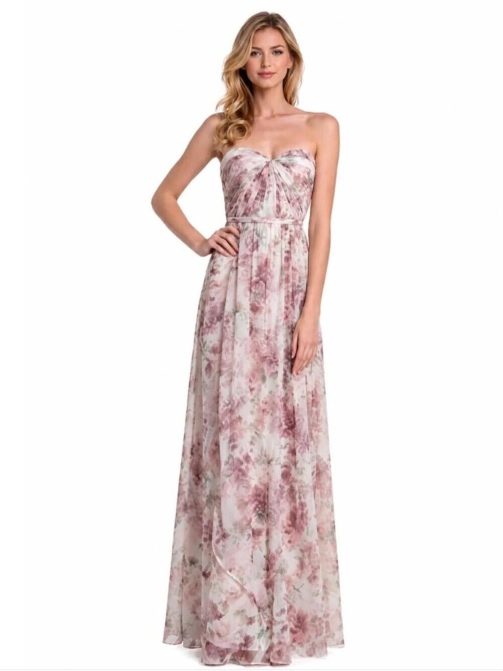 Jenny Yoo Strapless Sweetheart Floral Chiffon Maxi Gown
